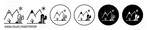 Cactus mountain and sun icon set with desert landscape symbol in outline and filled styles.