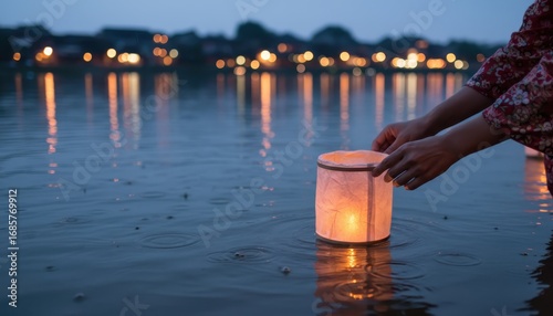 Fototapeta Naklejka Na Ścianę i Meble -  Person releasing a glowing paper lantern onto a calm lake at dusk, with lights reflecting on the water.