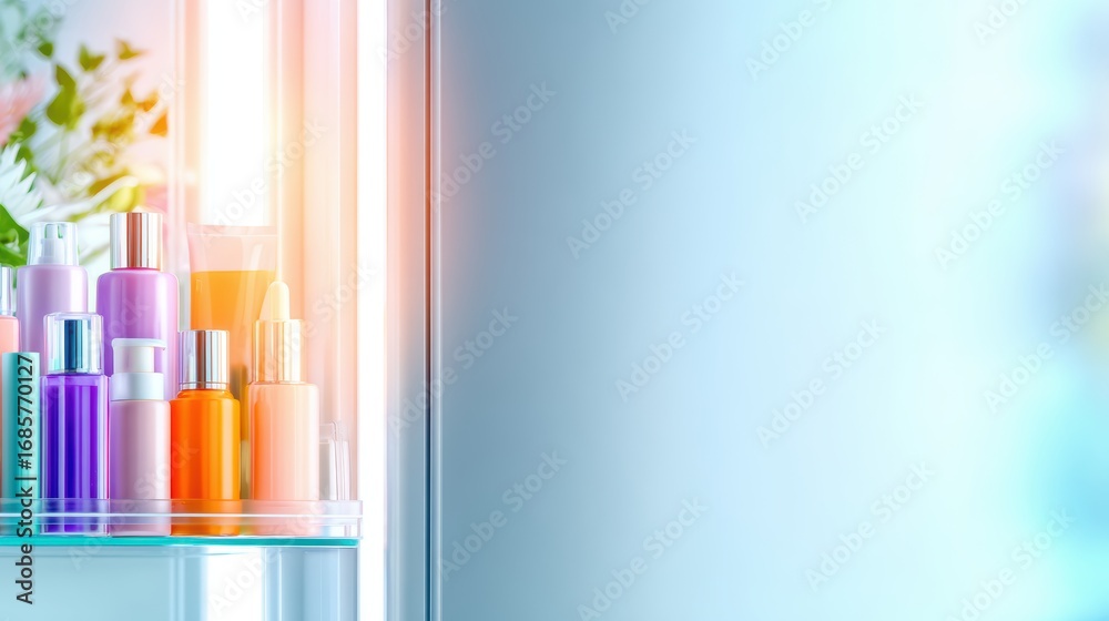 Obraz premium Colorful array of cosmetic bottles on a vanity, with soft lighting and blurred floral background
