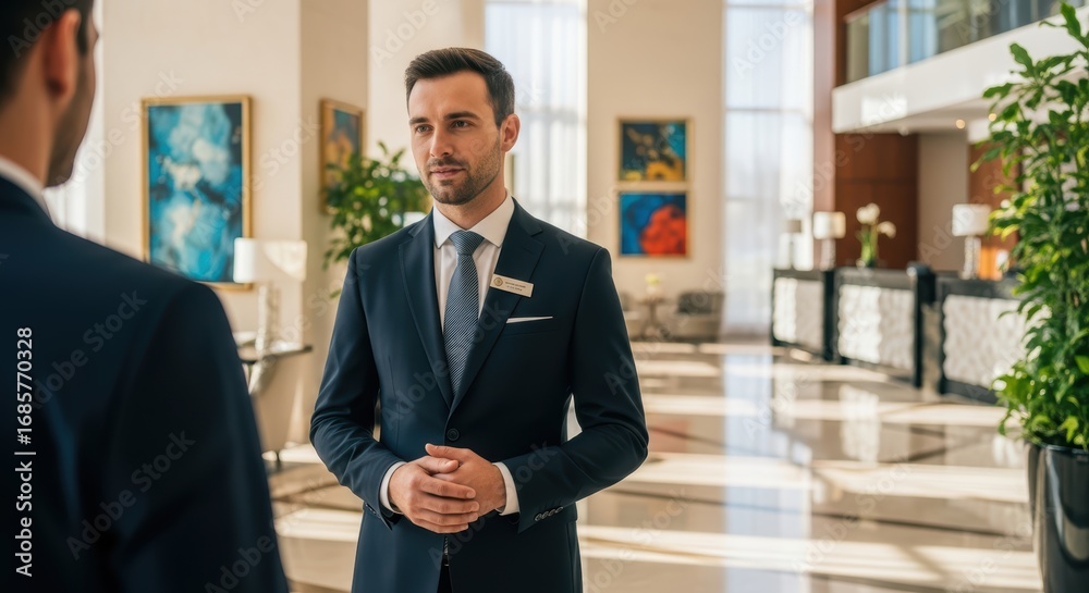 Fototapeta premium Caucasian young male hotel manager in elegant lobby attire engaging with guest