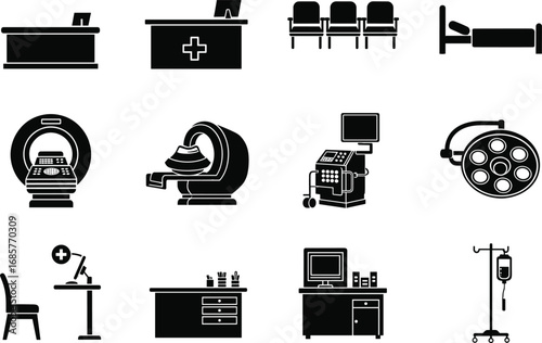 Medical equipment and hospital furniture icons including reception desks, waiting chairs, hospital beds, MRI machines, surgical lights, computer desks, and IV stands in black.