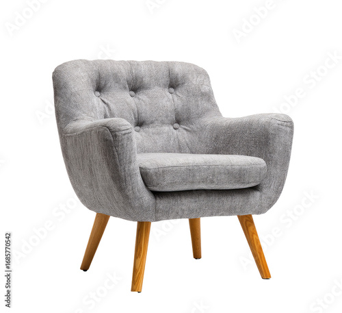 Light gray upholstered armchair with button tufting and wooden legs (1)