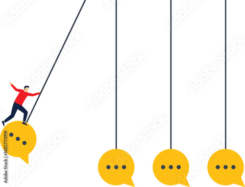 Businessman in front of Newton's cradle with a chat bubble, effect of speech or communication, Gossip and fake news.


