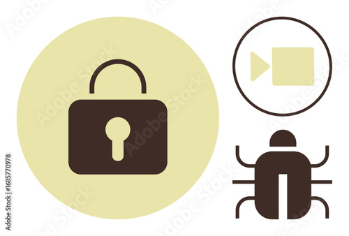 Padlock for security, camera for surveillance, bug for malware. Ideal for cybersecurity, data protection, privacy, surveillance, system safety hacking threat awareness. Simple flat metaphor