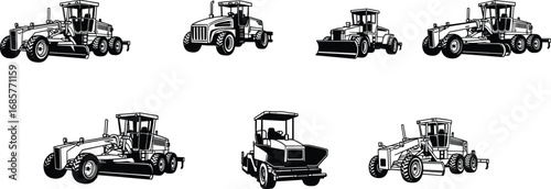 Set of Road Construction Equipment Silhouettes Including Motor Graders, Rollers, and Pavers for Civil Engineering, Infrastructure, and Industrial Projects Vector Illustration