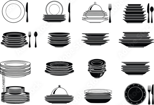 Silhouette Collection of Plates, Bowls, and Cutlery – Vector Tableware Icons for Kitchen, Dining, Restaurant Menu, and Food Presentation Designs