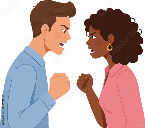Angry man and woman facing each other in argument with fists clenched vector illustration 