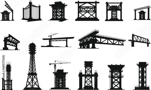Silhouettes of Bridge Construction Structures and Industrial Scaffolding Vector Set – Heavy Infrastructure, Crane Equipment, and Framework for Building Bridges