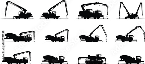 Construction Vehicles Silhouette Collection – Heavy Equipment Icons Featuring Excavators, Loaders, Mixers, Cranes, and Industrial Machinery for Building and Engineering Projects