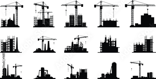 Silhouettes of Tower Cranes and High-Rise Building Construction Sites with Scaffolding and Structural Frames, Industrial Construction Vector Illustration for Engineering Projects