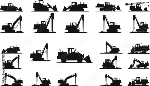 Silhouettes of various construction machinery including bulldozers, excavators, cranes, and loaders performing heavy-duty digging, lifting, and earthmoving tasks on site.