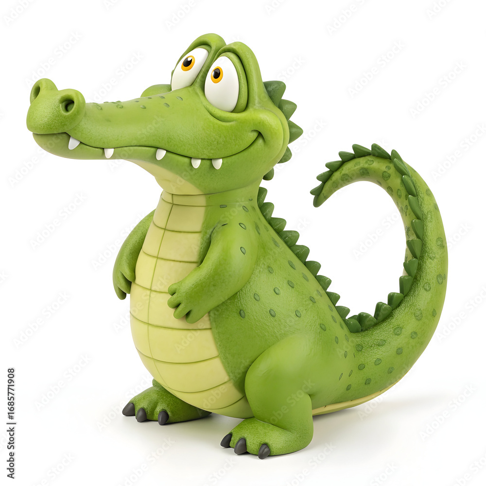Fototapeta premium A cute and cuddly green crocodile toy standing on a white surface, looking off to the side with a sweet expression isolated on white background it has a scaly skin