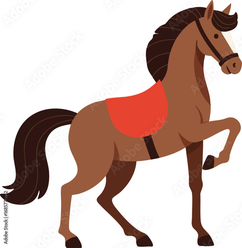 Brown horse with red saddle vector illustration showing horse raising front leg in natural pose