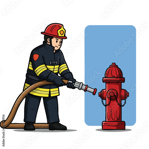 Firefighter in safety gear connecting hose to red fire hydrant for emergency response vector illustration 