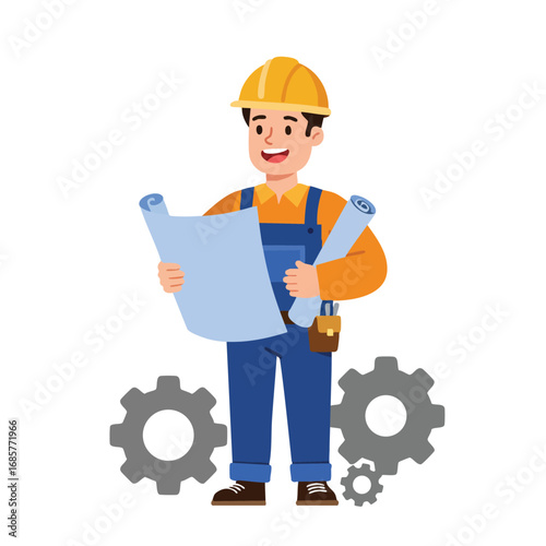 Construction worker holding blueprint with gears background in safety helmet and workwear vector illustration