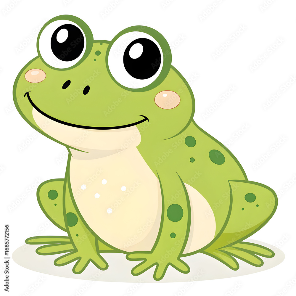Fototapeta premium A friendly green cartoon frog with big eyes and a cheerful smile, isolated on white background, showcasing its cute and playful design in a vibrant illustration