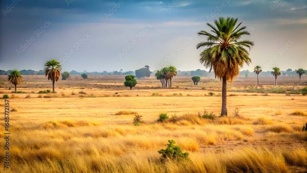 Fototapeta premium Vast african savannah landscape with palm trees under a dramatic sky