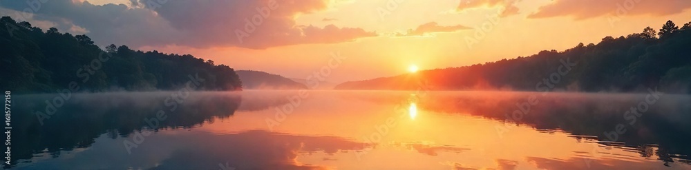 Fototapeta premium Peaceful morning sunrise over calm lake, perfect for relaxation and personal time Enjoy the tranquility of nature and unwind , quiet, sky