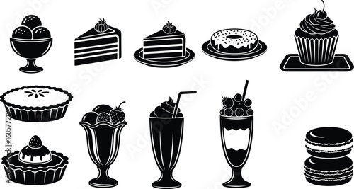 Vector illustration of assorted desserts and beverages including ice cream, cake slices, donut, cupcake, pies, fruit parfaits, milkshakes, and macarons.