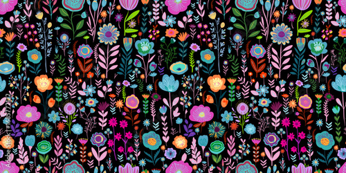 Garden flower, plants , botanical , seamless pattern vector design for fashion, fabric, wallpaper on a dark background. Cute pattern in small flower. Small colorful flowers. hand drawn. Not AI