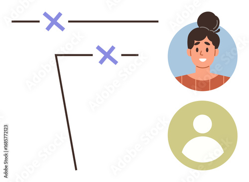 Social media connection visuals with avatars, purple X-marked links, and minimalist lines. Ideal for networking, communication, profile creation, collaboration, community, personalization simple