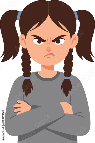 Angry little girl with pigtails crossing arms expressing frustration and displeasure vector illustration 