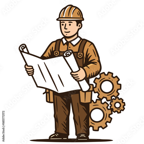 Construction worker holding blueprint with brown outfit and gears background vector illustration