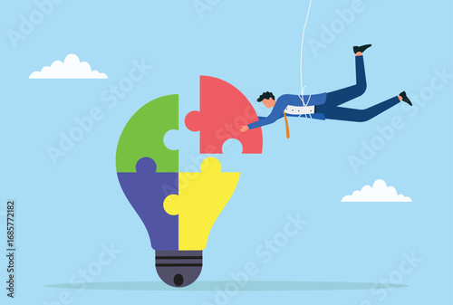 Vector illustration of a businessman placing the final puzzle piece into a lightbulb, symbolizing innovation, problem solving, creativity, and achieving the complete idea
