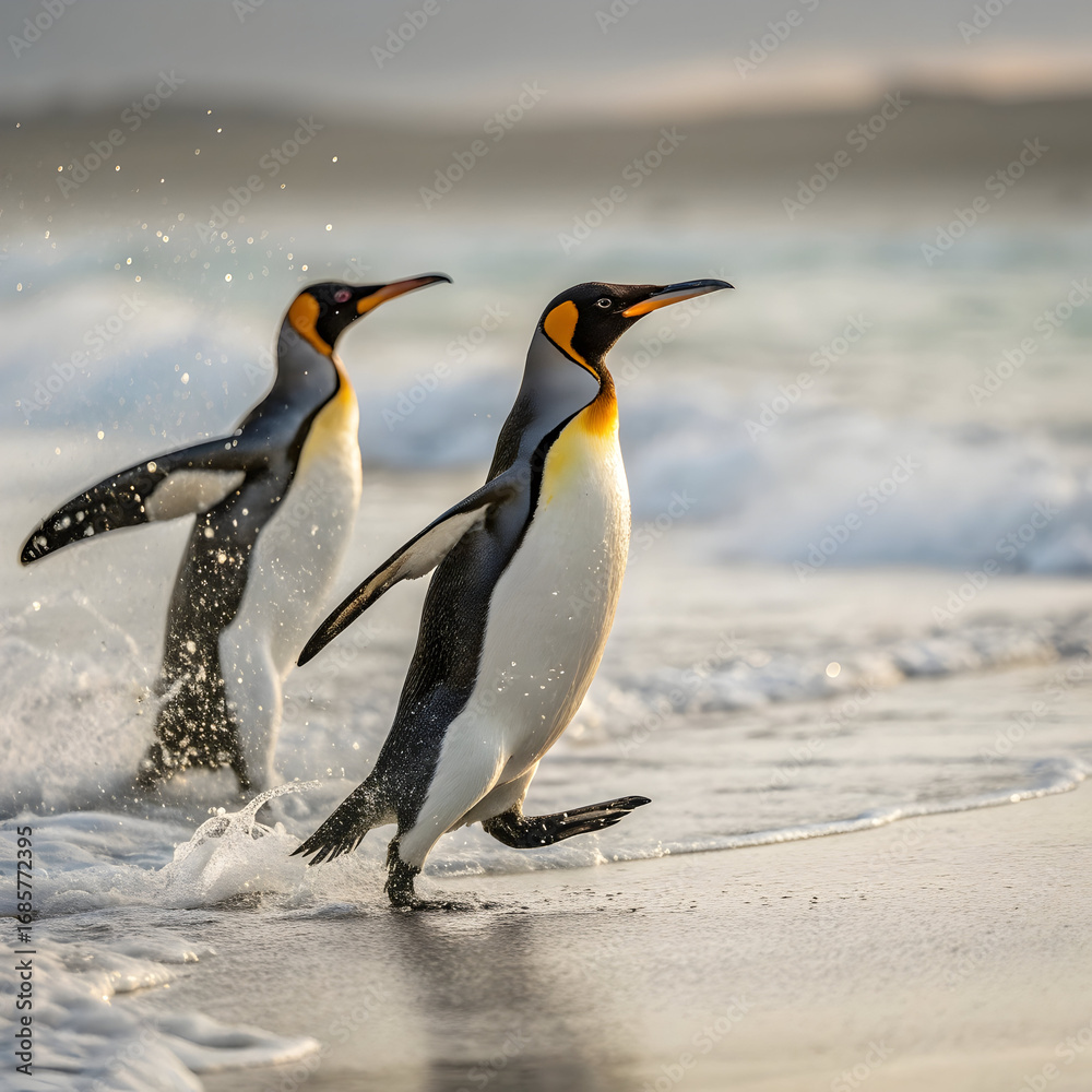 Obraz premium Two king penguins waddling through the surf on a sandy beach, their sleek black and white feathers glistening in the sunlight, creating a captivating scene of wildlife