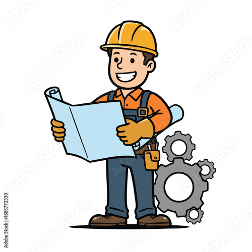 Construction worker holding blueprint with gears background vector illustration in protective helmet and gloves 