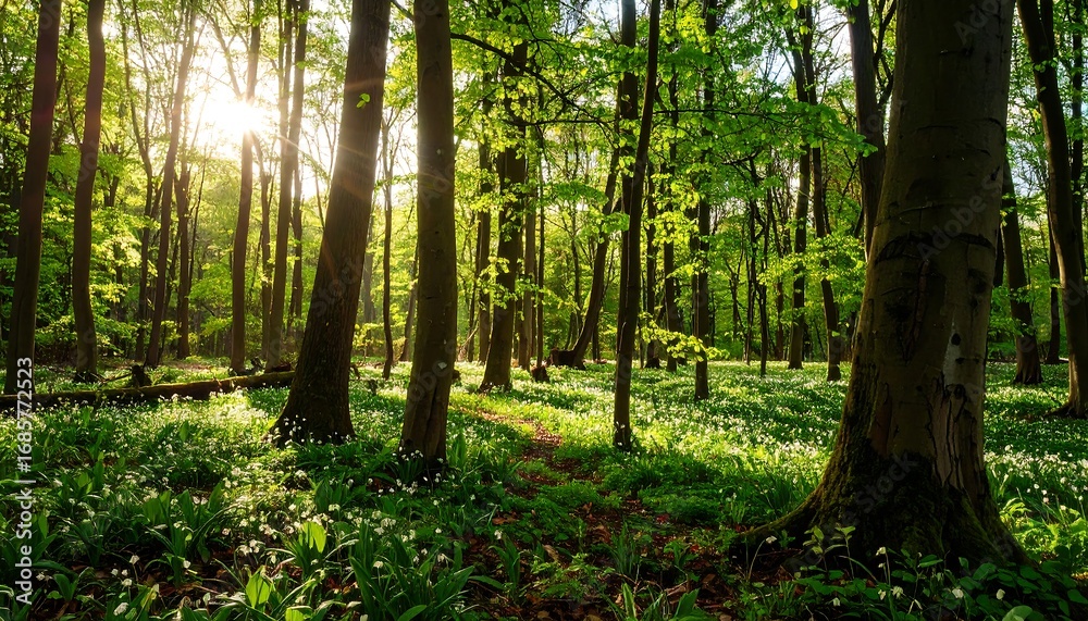 Naklejka premium Sunlight filtering through a dense forest floor blanketed in spring wildflowers