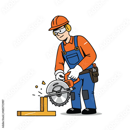 Construction worker using circular saw for woodworking cutting wood with safety gear vector illustration 