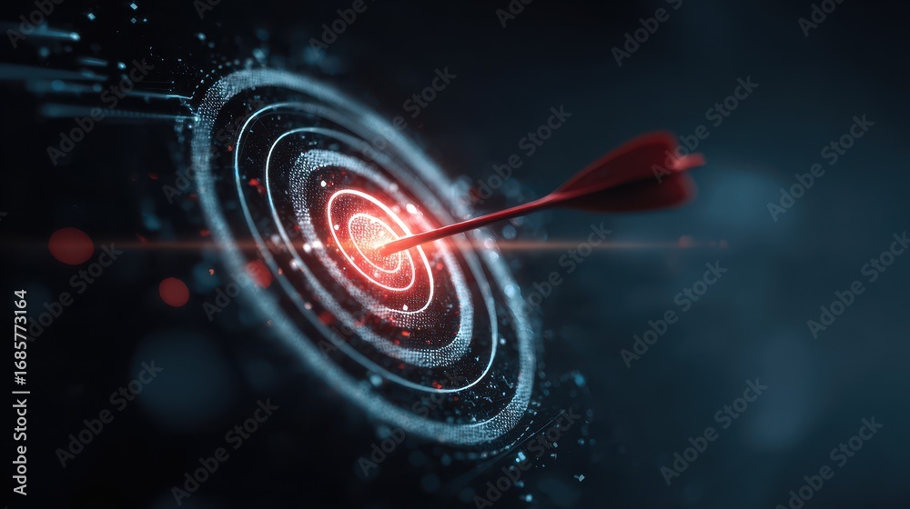 Fototapeta premium Digital dart hitting the center of a glowing target with concentric circles in a dark background