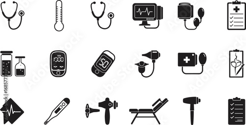 Vector set of medical icons including stethoscope, thermometer, blood pressure monitor, glucose meter, otoscope, medical clipboard, examination chair, and health checkup equipment.