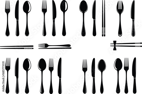 Vector silhouettes of various cutlery sets including forks, knives, spoons, and chopsticks, representing dining utensils for different cuisines and table settings.