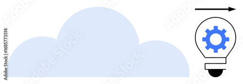 Soft blue cloud connected to a lightbulb with a gear inside, arrow symbolizing progress. Ideal for cloud computing, innovation, data storage, technology, automation, creativity, simple flat metaphor