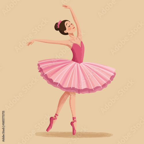 Ballerina dancing in pink tutu ballet pose vector illustration with beige background 