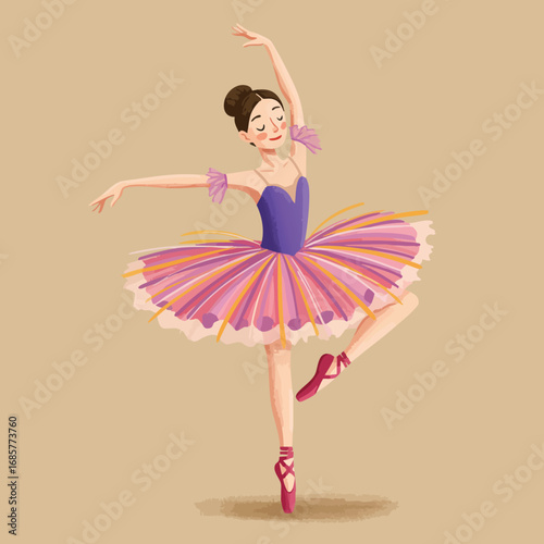 Ballet dancer performing graceful pose in colorful tutu and pointe shoes vector illustration 