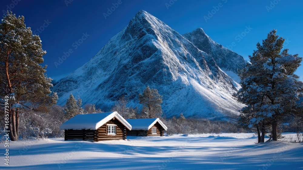 Fototapeta premium Wooden cabins in snowy mountain valley
