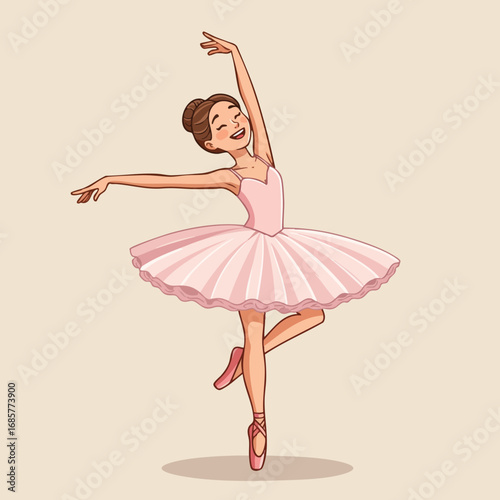 Ballet dancer performing graceful dance in pink tutu and pointe shoes vector illustration