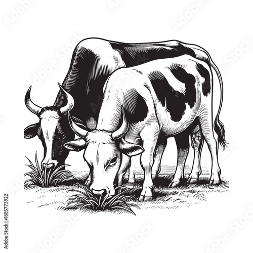 Black and White Vector Illustration of Cows Grazing in a Field