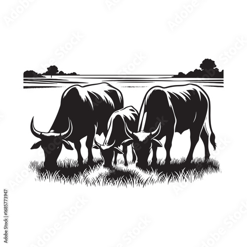 Black and White Vector Illustration of Cows Grazing in a Field