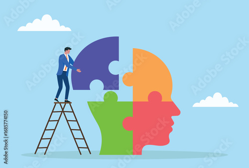 Vector illustration of a businessman on a ladder placing a puzzle piece into a colorful human head, symbolizing knowledge building, problem solving, and personal growth
