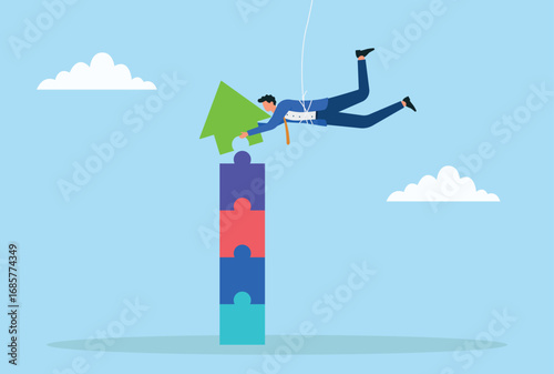 Vector illustration of a businessman placing the final puzzle piece shaped like an upward arrow on top of a tower, symbolizing growth, success, achievement, and progress
