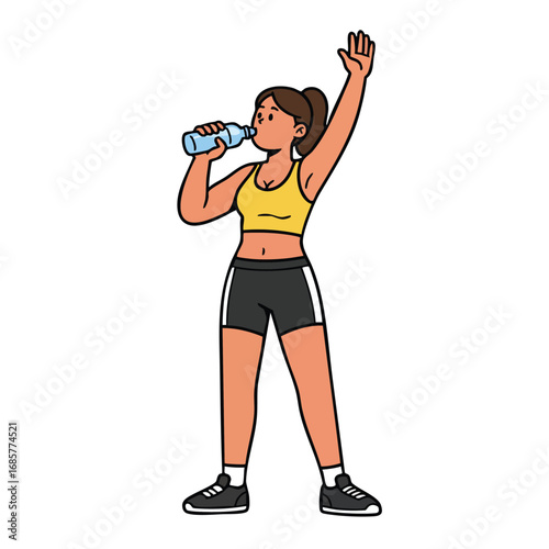 Woman in yellow sports bra and black shorts drinking water after exercise fitness activity vector illustration 