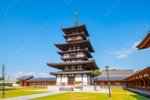 East Pagoda (Toto) Hall of Yakushi Ji Temple. This temple is a Hosso Buddhist temple in historic city of Nara, Japan. This temple belongs to Ancient Nara UNESCO World Heritage Site.