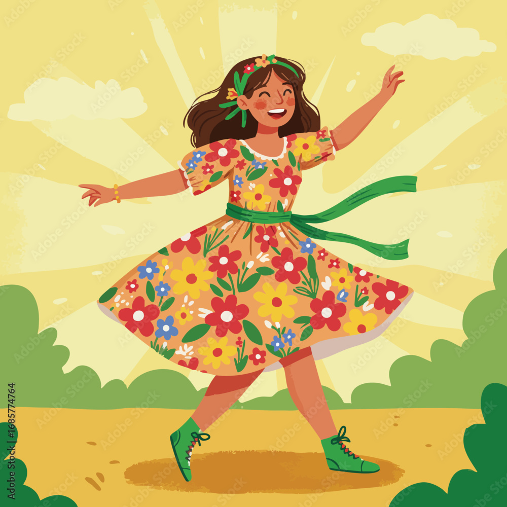 Fototapeta premium Girl Dancing Outdoors Wearing Colorful Floral Dress and Green Shoes in Sunny Day Vector Illustration 