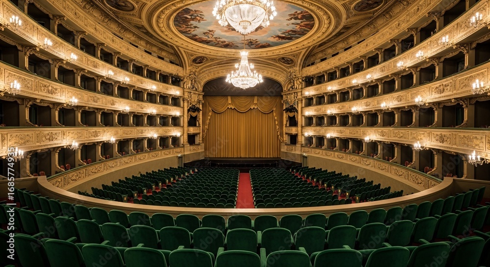 Obraz premium Spectacular View of an Opulent Theater with Emerald Seating and Gilded Balconies