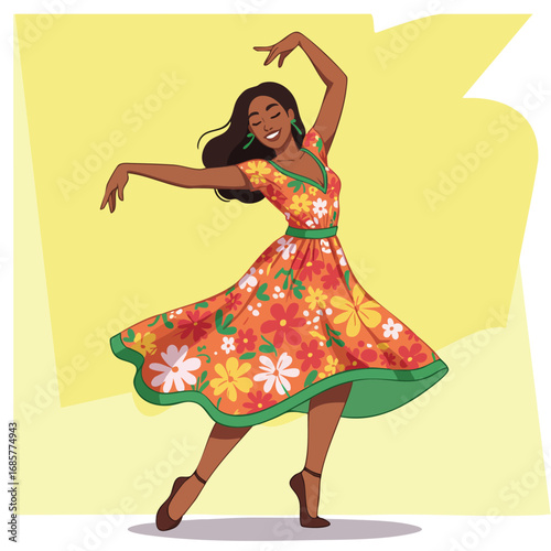 Woman dancing in colorful floral dress enjoying movement and joy in vibrant style vector illustration 