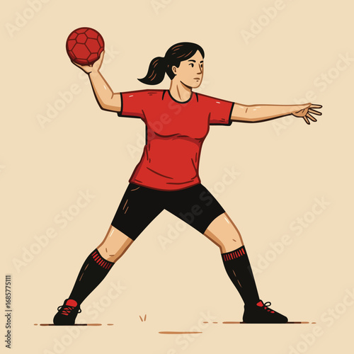 Female handball player throwing ball in action pose wearing red shirt and black shorts vector illustration 